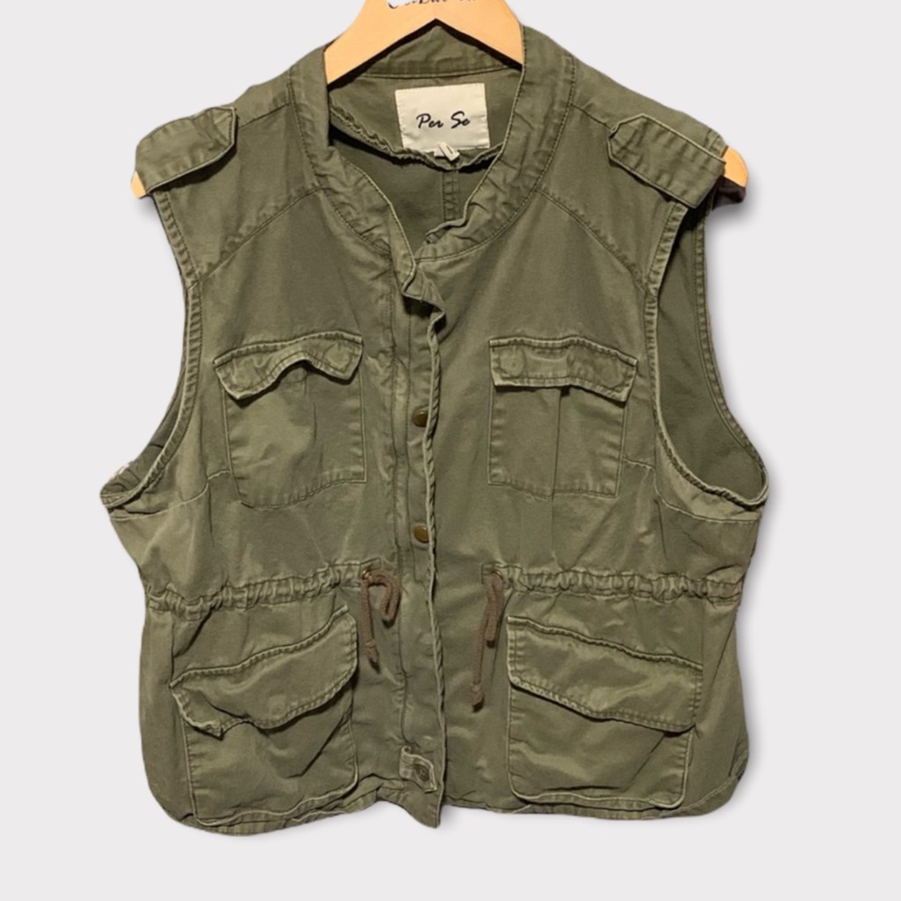 Per Se Army Green Zip Cargo Vest